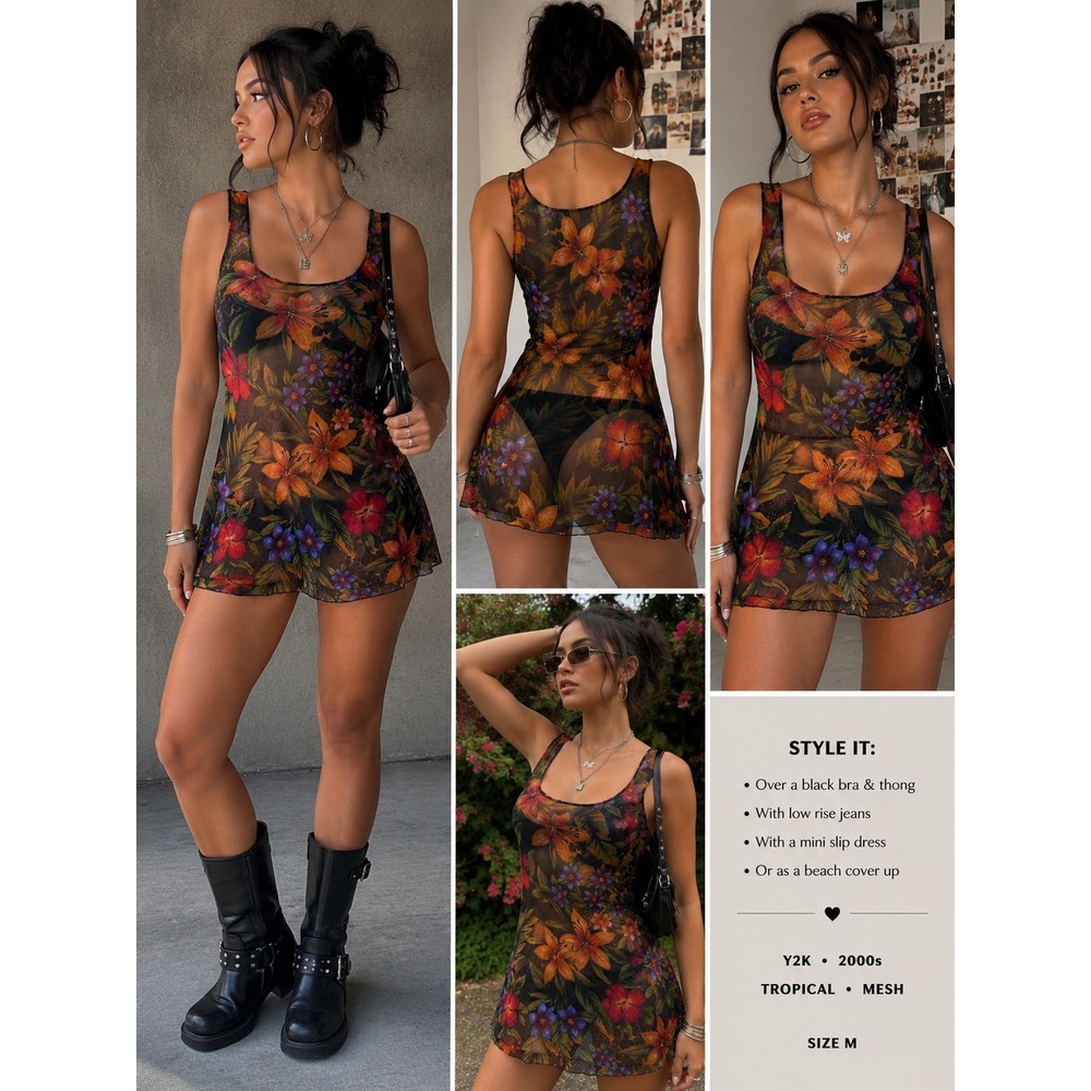 Longitude Y2K Tropical Floral Mesh Mini Dress Long Tank Sheer Leopard Print M